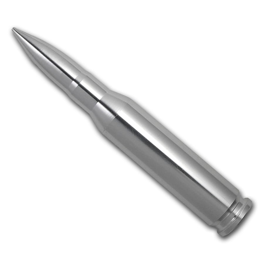10 oz Silver Bullet - .50 Caliber BMG: 10 oz Silver Bullet - .50 Caliber BMG Product ID: 274318 Grade: None Grade Service: None Mint Mark: N/A - Not Available Metal Content: 10 troy oz Purity: .999 Thickness: 0 mm Dia