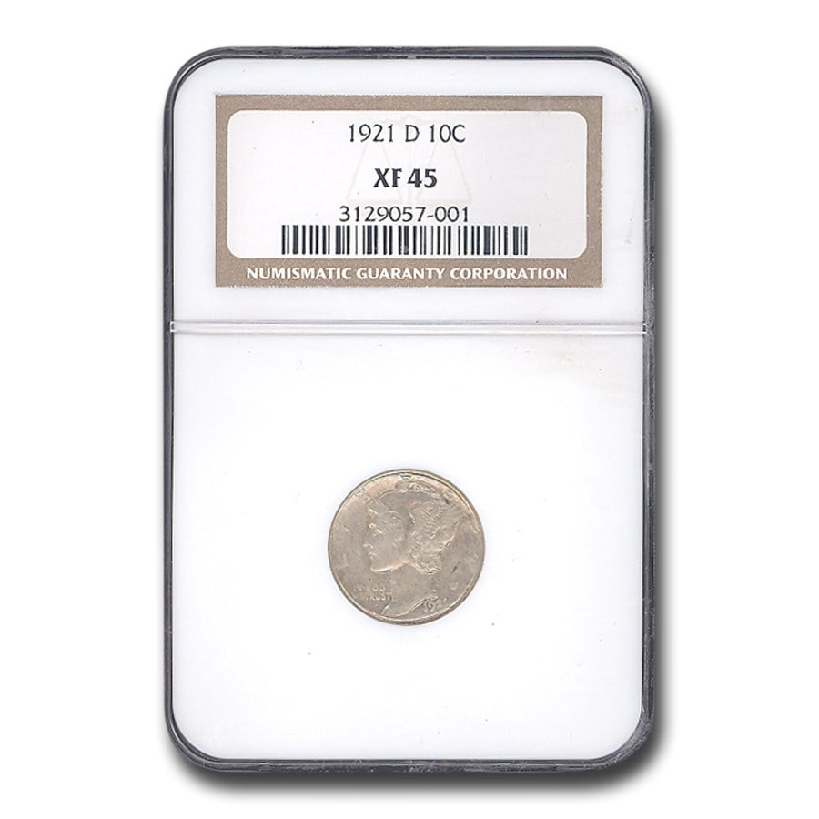 1921-D Mercury Dime XF-45 NGC: 1921-D Mercury Dime XF-45 NGC Product ID: 199837 Year: 1921 Grade Service: NGC Denomination: 10 Cents Metal Content: 0.0723 troy oz Purity: .900 Thickness: 1.35 mm Diameter: 17.9