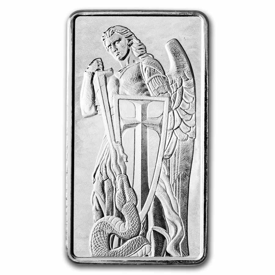 10 oz Silver Bar - Archangel Michael - Scottsdale Mint: 10 oz Silver Bar - Archangel Michael - Scottsdale Mint Product ID: 270032 Grade: None Grade Service: None Mint Mark: N/A - Not Available Metal Content: 10 troy oz Purity: .999 Thickness: