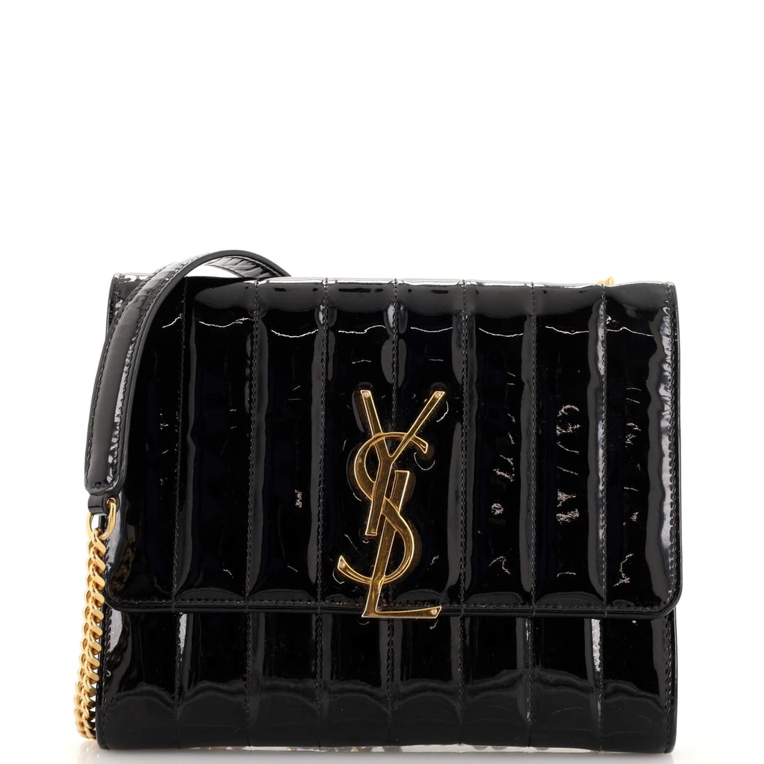 Saint Laurent Vicky Crossbody Bag Vertical Quilted Patent Medium: Saint Laurent Vicky Crossbody Bag Vertical Quilted Patent Medium Exterior Color: Black Interior Color: Black Exterior Material: Patent Leather Interior Material: Leather Hardware Color: Gold Acces