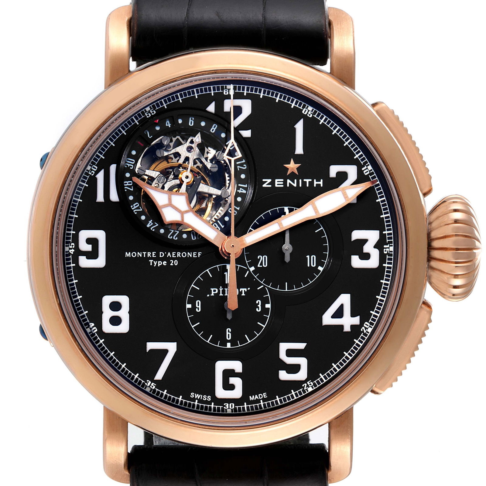 Zenith Montre d'Aeronef Type 20 Chronograph Tourbillon Rose Gold Titanium Mens Watch: Zenith Montre d'Aeronef Type 20 Chronograph Tourbillon Rose Gold Titanium Mens Watch 87.2430.4035 In house Zenith El Primero self - winding automatic chronograph movement with flying tourbillion 48 mm