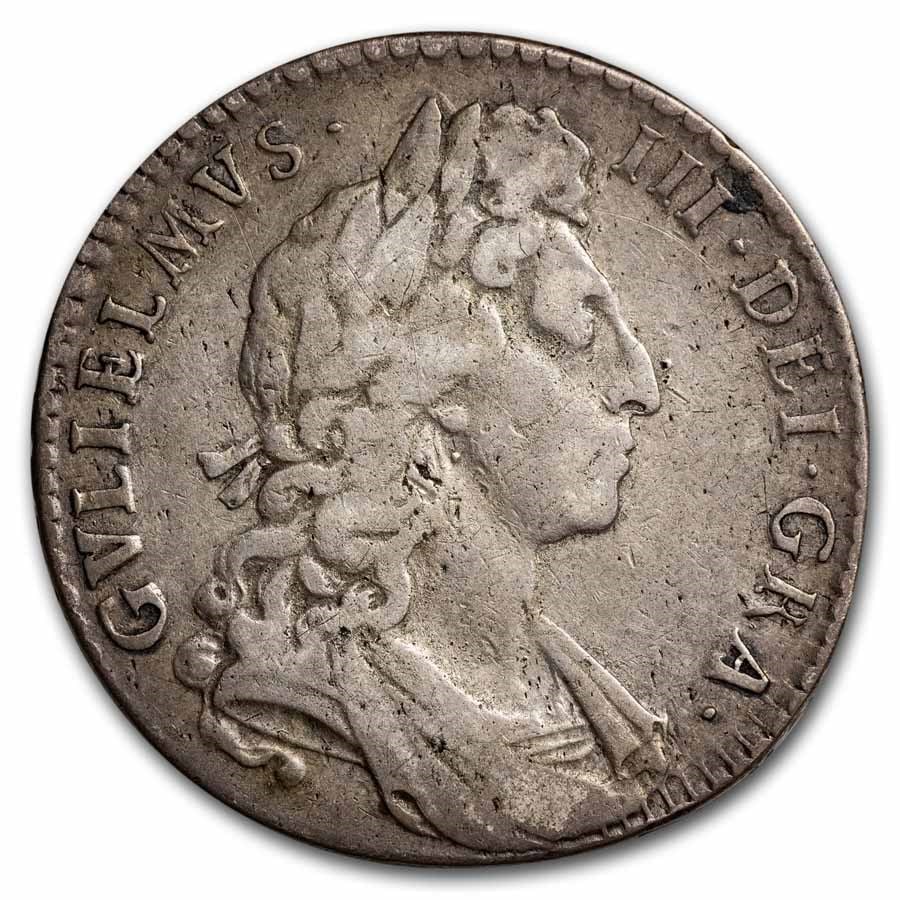 1697 Great Britain Silver Half Crown William III VF: 1697 Great Britain Silver Half Crown William III VF Product ID: 289692 Year: 1697 Grade: Very Fine Grade Service: None Denomination: 1/2 Crown Mint Mark: Not Shown Metal Content: 0.4983 t