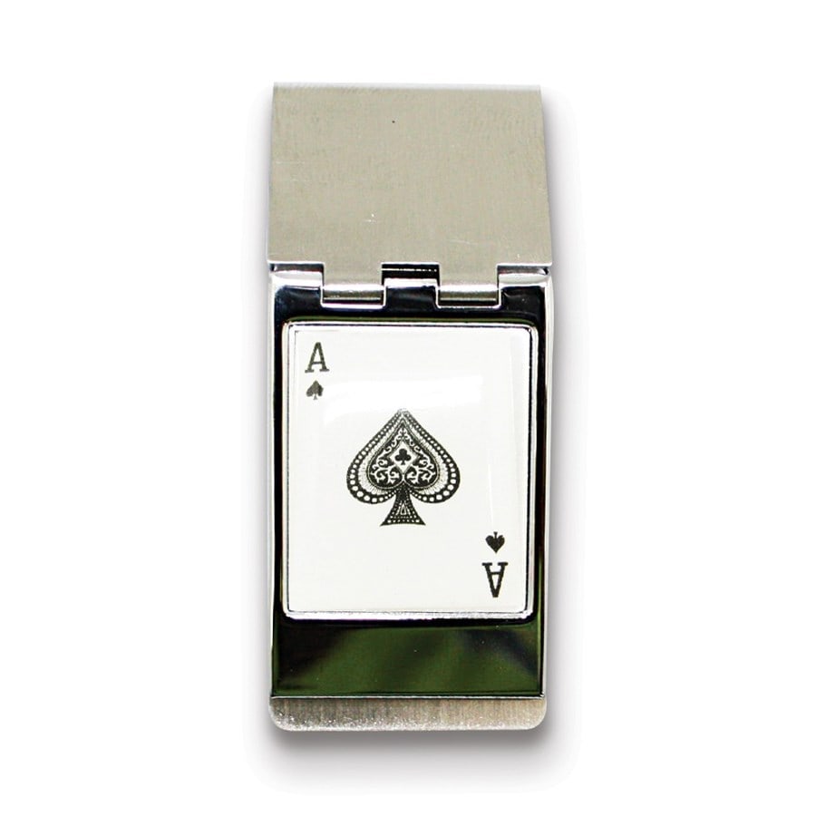 Silver-tone Ace Hinged Money Clip: Silver-tone Ace Hinged Money Clip Product ID: 183112 Year: N/A Grade: None Grade Service: None Mint Mark: None Metal Content: 0 troy oz Purity: Unknown