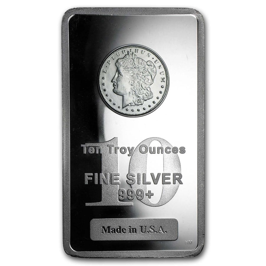 10 oz Silver Bar - Morgan Design: 10 oz Silver Bar - Morgan Design Product ID: 50038 Year: N/A Grade: None Grade Service: None Denomination: 10 oz Mint Mark: N/A - Not Available Metal Content: 10 troy oz Purity: