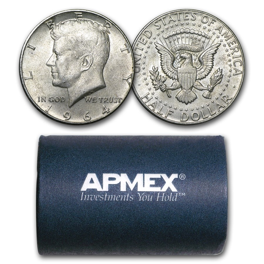90% Silver 1964-P/D Kennedy Half Dollar 20-Coin Roll Avg Circ: 90% Silver 1964-P/D Kennedy Half Dollar 20-Coin Roll Avg Circ Product ID: 5298 Year: 1964 Grade: Average Circulated Grade Service: None Denomination: 50 Cents Mint Mark: Varies Metal Cont