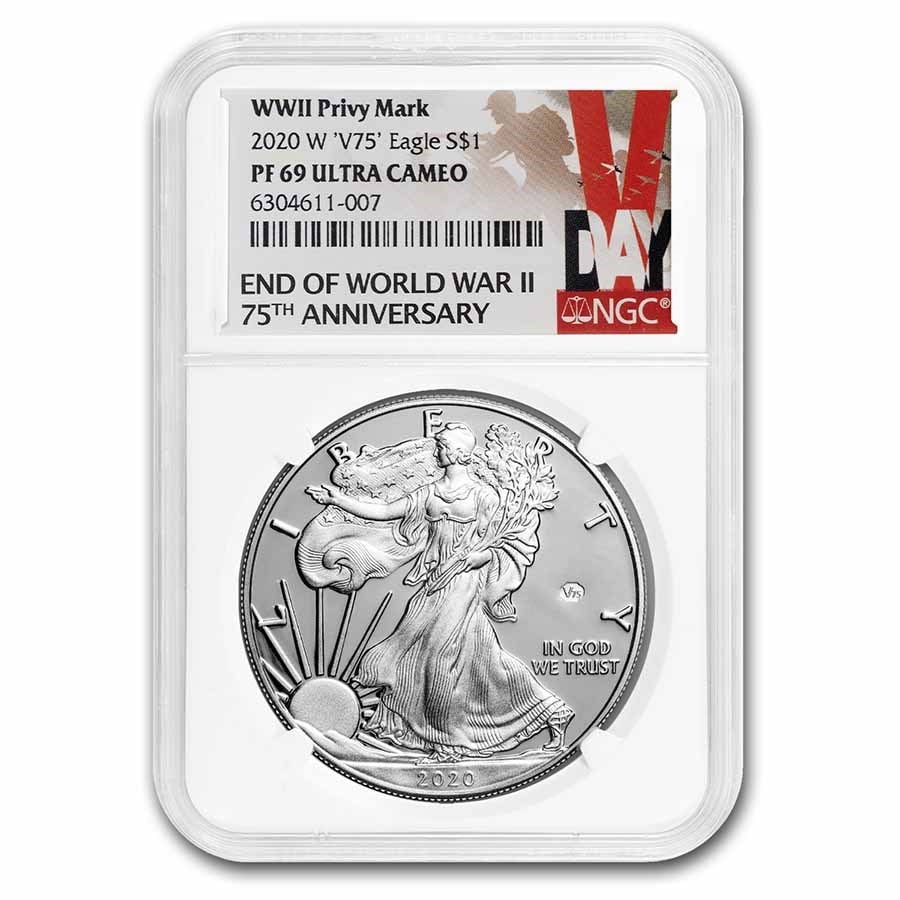 2020-W Proof American Silver Eagle PF-69 NGC (V75, End of WWII): 2020-W Proof American Silver Eagle PF-69 NGC (V75, End of WWII) Product ID: 252847 Year: 2020 Grade: Proof - 70 UCAM Grade Service: NGC Denomination: 1 Dollar Mint Mark: W - West Point Me