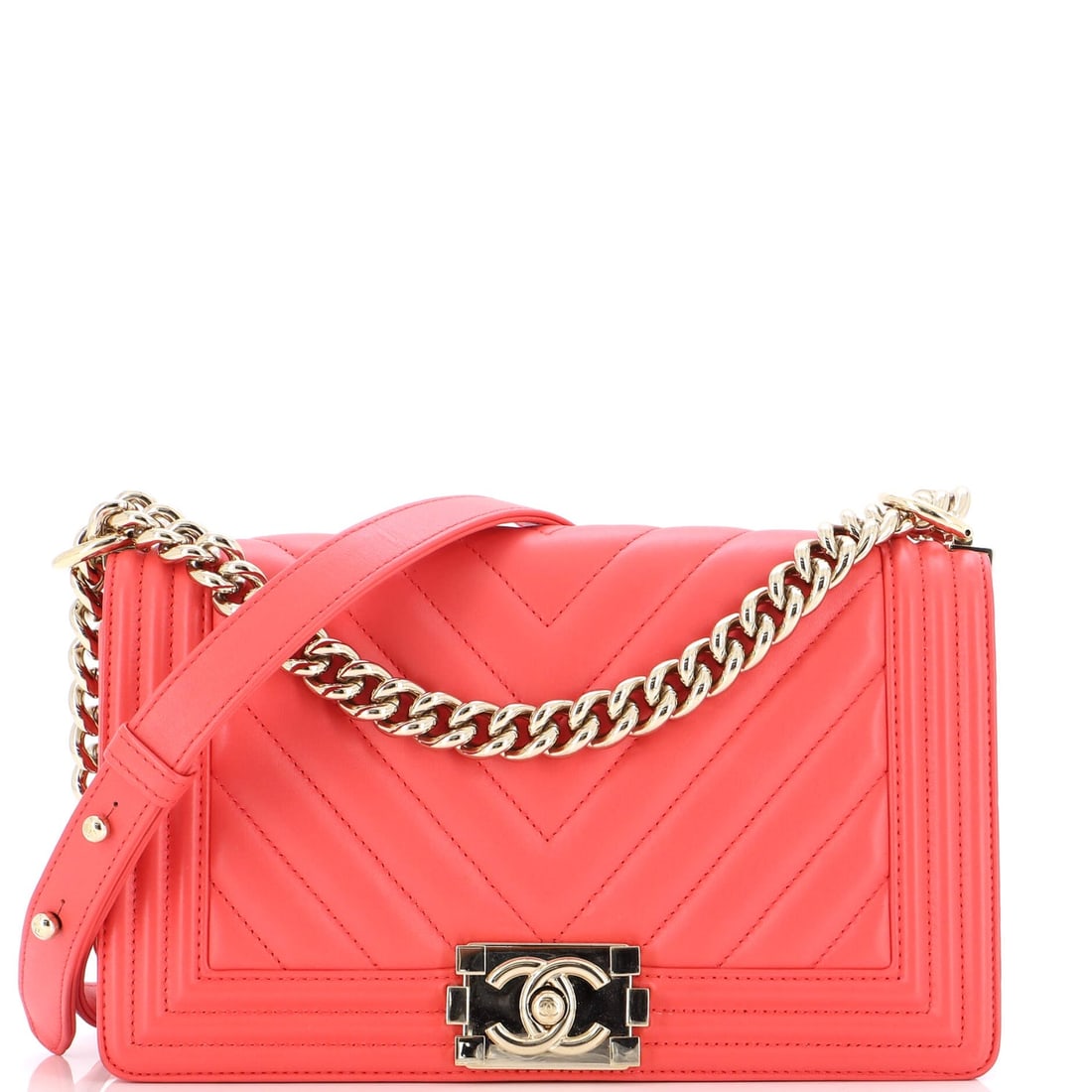Chanel Boy Flap Bag Chevron Lambskin Old Medium: Chanel Boy Flap Bag Chevron Lambskin Old Medium Exterior Color: Pink Interior Color: Pink Exterior Material: Leather Interior Material: Fabric Hardware Color: Gold Tone Accessories: Authenticity c