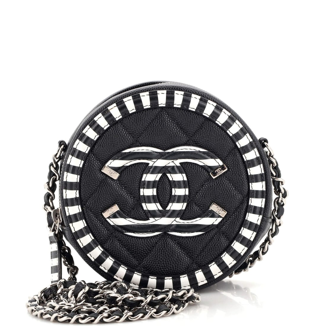 Chanel Filigree Round Clutch with Chain Quilted Caviar Mini: Chanel Filigree Round Clutch with Chain Quilted Caviar Mini Exterior Color: Black Interior Color: Red Exterior Material: Leather Interior Material: Fabric Hardware Color: Silver Accessories: No Ac