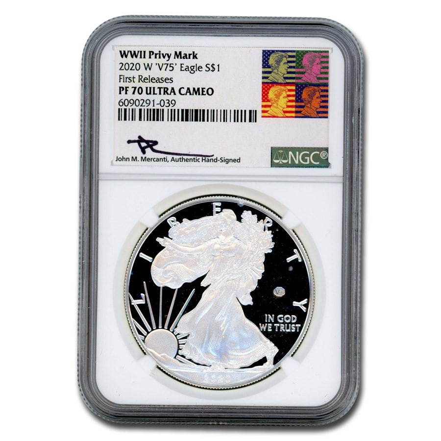 2020-W Proof American Silver Eagle PF-70 NGC (FR, V75, Mercanti): 2020-W Proof American Silver Eagle PF-70 NGC (FR, V75, Mercanti) Product ID: 282455 Year: 2020 Grade: Proof - 70 UCAM Grade Service: NGC Denomination: 1 Dollar Mint Mark: W - West Point M