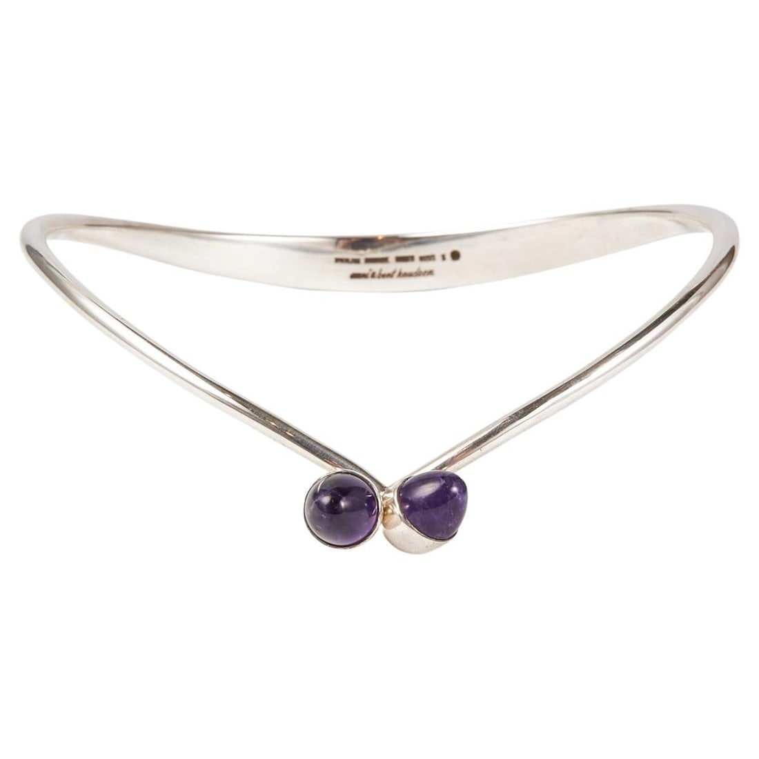 Bent Knudsen Sterling Silver Neck Ring with Amethyst Bullet Cabuchon: Bent Knudsen Sterling Silver Neck Ring with Amethyst Bullet Cabuchon Metal: Sterling Silver Dimensions: Width: 4.63 in (117.61 mm) Length: 5.25 in (133.35 mm) Style: Contemporary Place of Origin: Denm