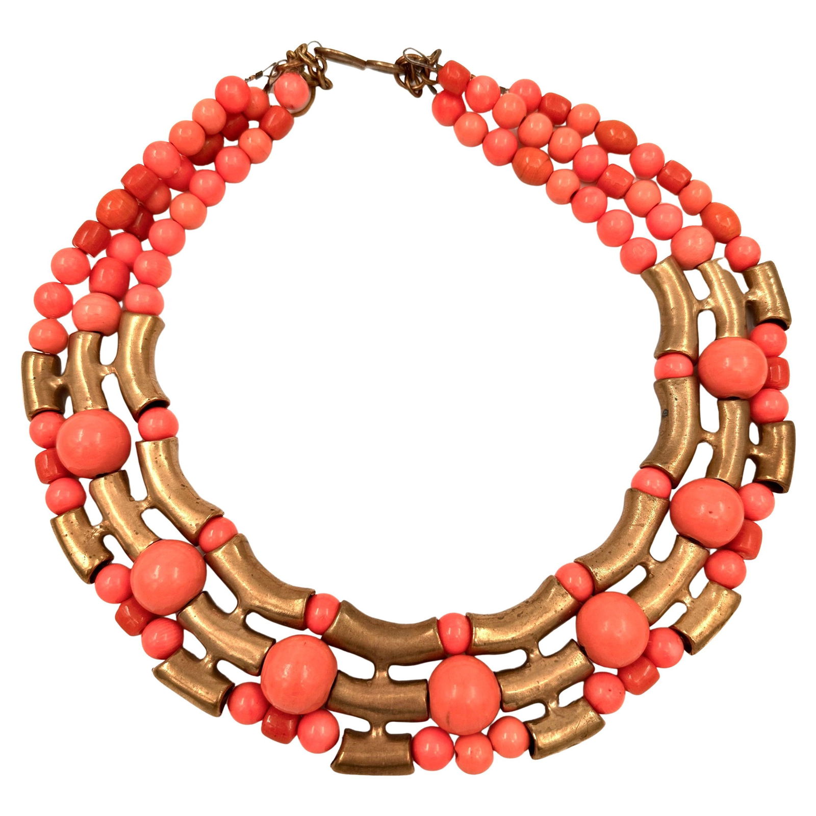 Robert Lee Morris Wabi Sabi Three Row Coral Necklace with Brass Bridges, 2011: Robert Lee Morris Wabi Sabi Three Row Coral Necklace with Brass Bridges, 2011 Metal: Brass Stone: Other Stone Cut: Bead Weight: 107 oz Dimensions: Height: 1.5 in (38.1 mm) Width: 1.5 in (38.1 mm) Dept