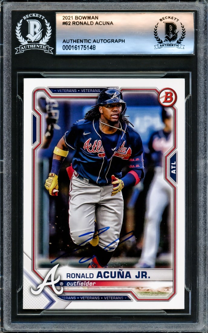 ronald acuna jr. autographed 2021 bowman card #62 braves beckett #16175148: ronald acuna jr. autographed 2021 bowman card #62 braves beckett #16175148 Ronald Acuna Jr. Autographed 2021 Bowman Card #62 Braves Beckett #16175148 SKU no: RBJ7534443003992