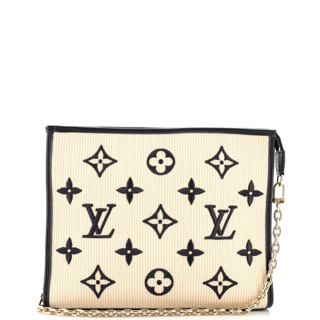 Louis Vuitton Toiletry Pouch on Chain Monogram Raffia: Louis Vuitton Toiletry Pouch on Chain Monogram Raffia Exterior Color: Black, Neutral Interior Color: Neutral Exterior Material: Leather, Raffia Interior Material: Fabric Hardware Color: Gold Acces
