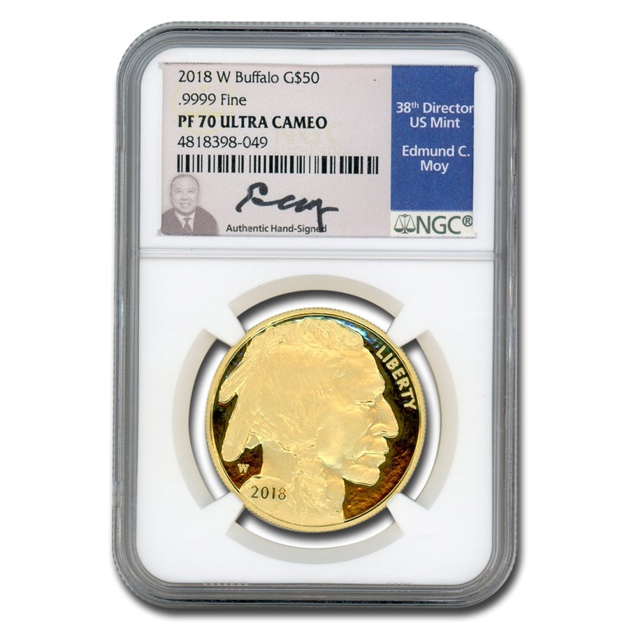 2018-W 1 oz Gold Buffalo PF-70 NGC (Moy): 2018-W 1 oz Gold Buffalo PF-70 NGC (Moy) Product ID: 256260 Year: 2018 Grade Service: NGC Denomination: 50 Dollars Metal Content: 1 troy oz Purity: .9999 Thickness: 2.36 mm Diame