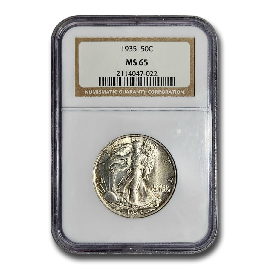 1935 Walking Liberty Half Dollar MS-64 NGC: 1935 Walking Liberty Half Dollar MS-64 NGC Product ID: 176510 Year: 1935 Grade Service: NGC Denomination: $0.50 Metal Content: 0.3617 troy oz Purity: .900 Thickness: 2.15 mm Diam