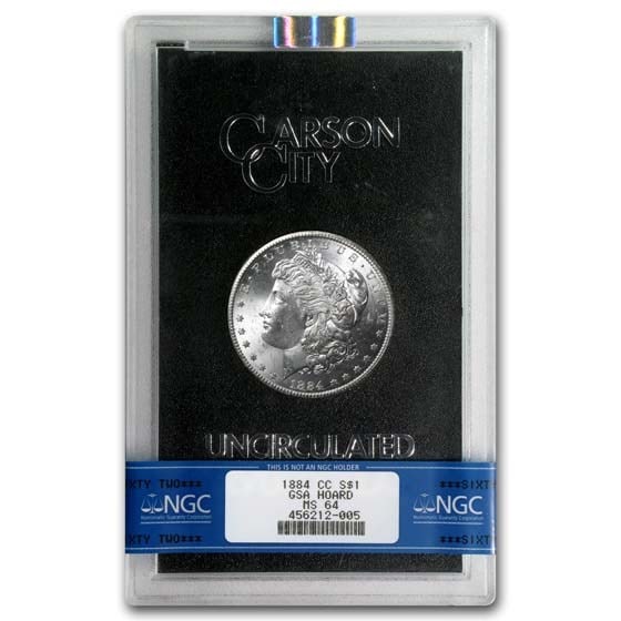 1884-CC Morgan Dollar MS-64 NGC (GSA): 1884-CC Morgan Dollar MS-64 NGC (GSA) Product ID: 4691 Year: 1884 Grade Service: GSA-Packaging Denomination: $1.00 Metal Content: 0.7734 troy oz Purity: .900 Thickness: 3.1 mm Di