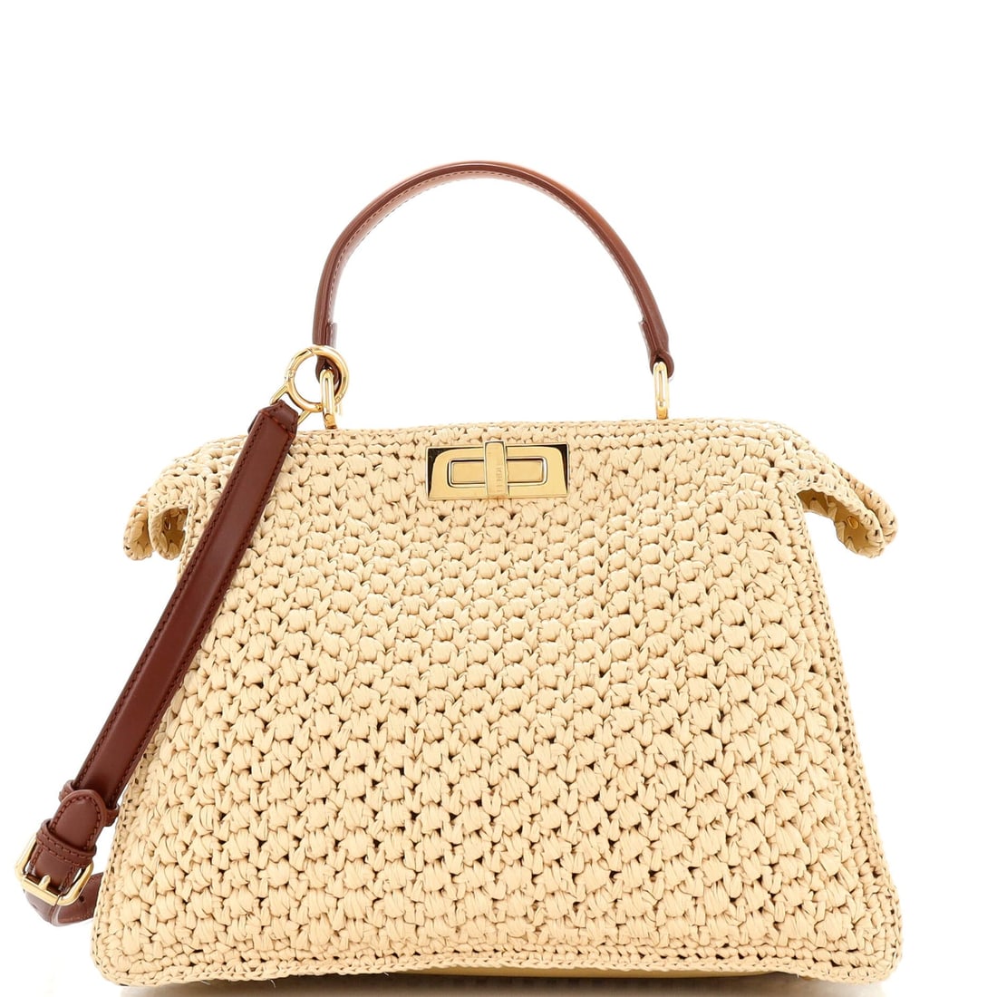 Fendi Peekaboo ISeeU Bag Raffia Medium: Fendi Peekaboo ISeeU Bag Raffia Medium Exterior Color: Neutral Interior Color: Neutral Exterior Material: Leather, Raffia Interior Material: Raffia Hardware Color: Gold Accessories: Pochette, Dust