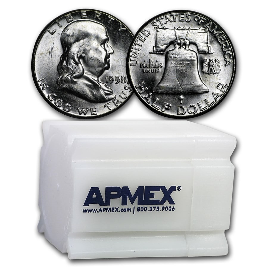 1958 Franklin Half Dollar 20-Coin Roll BU: 1958 Franklin Half Dollar 20-Coin Roll BU Product ID: 28106 Year: 1958 Grade: Brilliant Unc Grade Service: None Denomination: 50 Cents Mint Mark: P - Philadelphia (Not Shown) Metal Conten