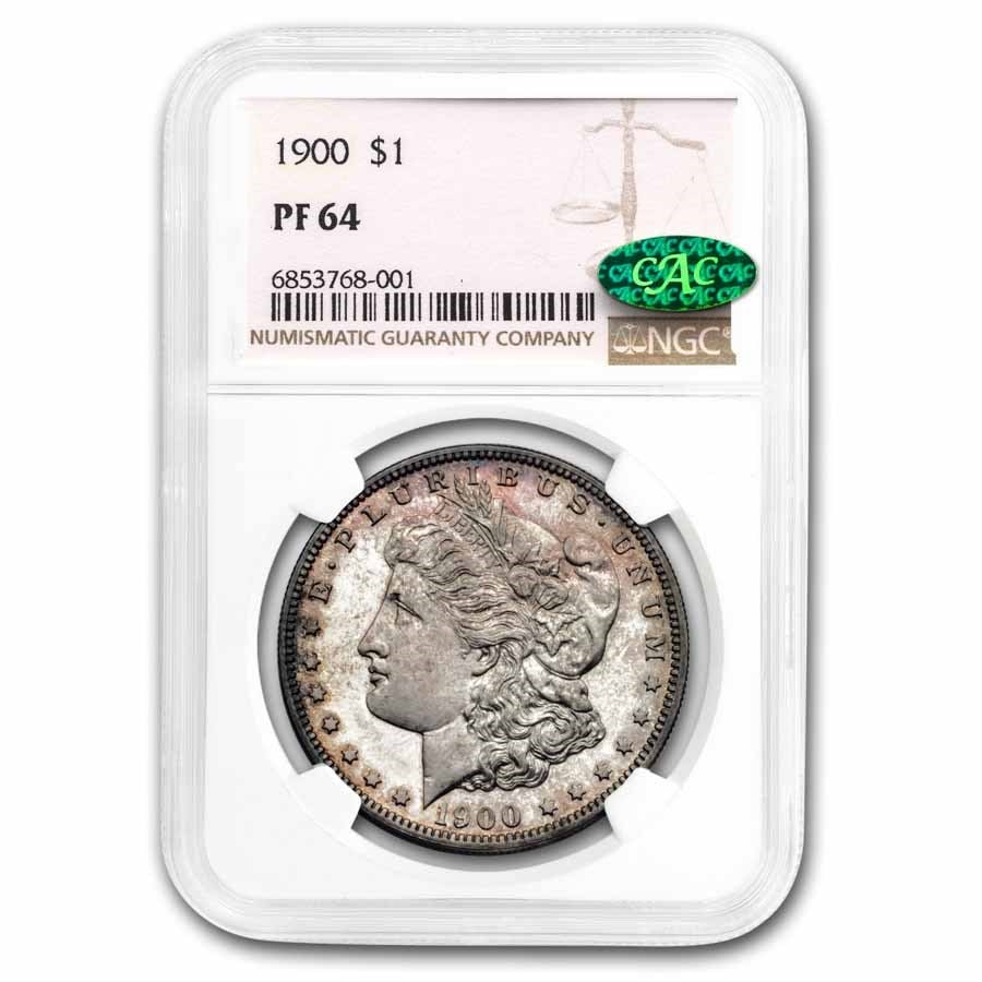 1900 Morgan Dollar PF-64 NGC CAC: 1900 Morgan Dollar PF-64 NGC CAC Product ID: 290045 Year: 1900 Grade: Proof - 64 Grade Service: NGC Denomination: 1 Dollar Mint Mark: P - Philadelphia (Not Shown) Metal Content: 0.7734 tr