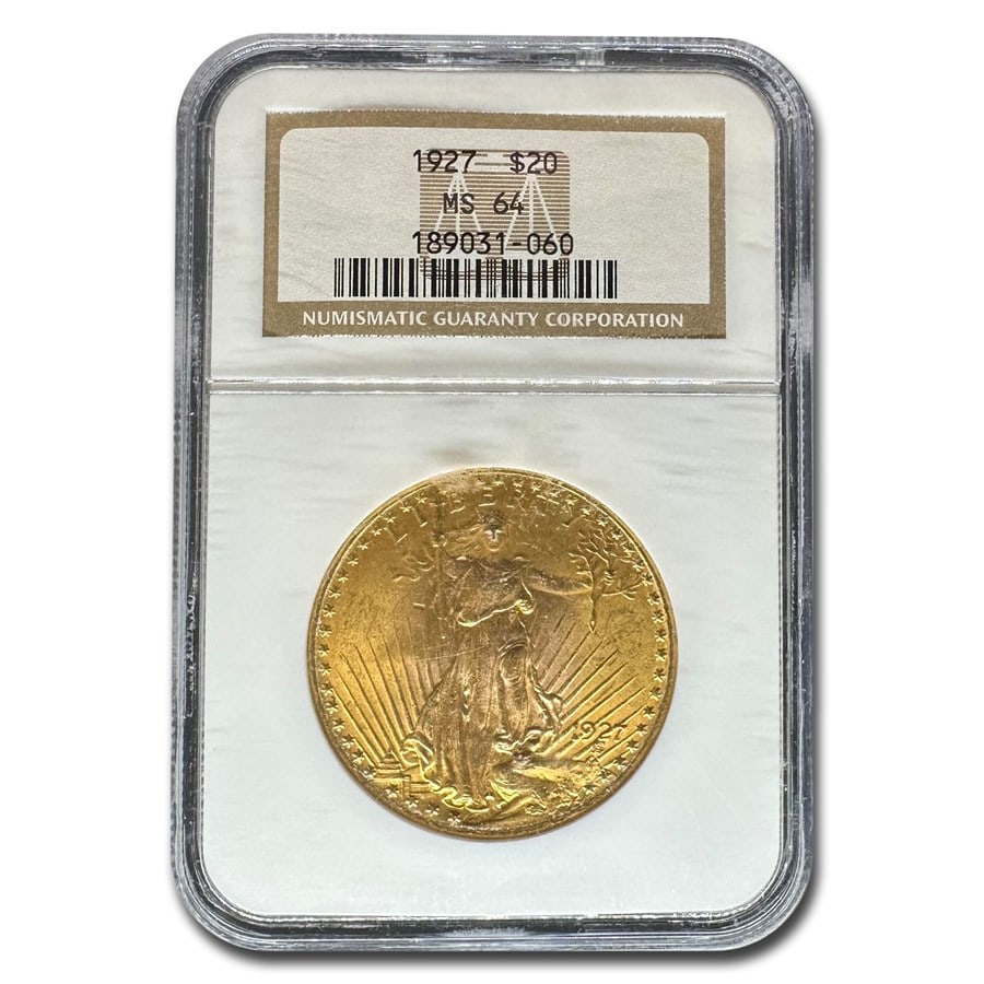 1927 $20 Saint-Gaudens Gold Double Eagle MS-64 NGC: 1927 $20 Saint-Gaudens Gold Double Eagle MS-64 NGC Product ID: 11182 Year: 1927 Grade Service: NGC Denomination: $20 Metal Content: 0.9675 troy oz Purity: .900 Thickness: 2.41 mm