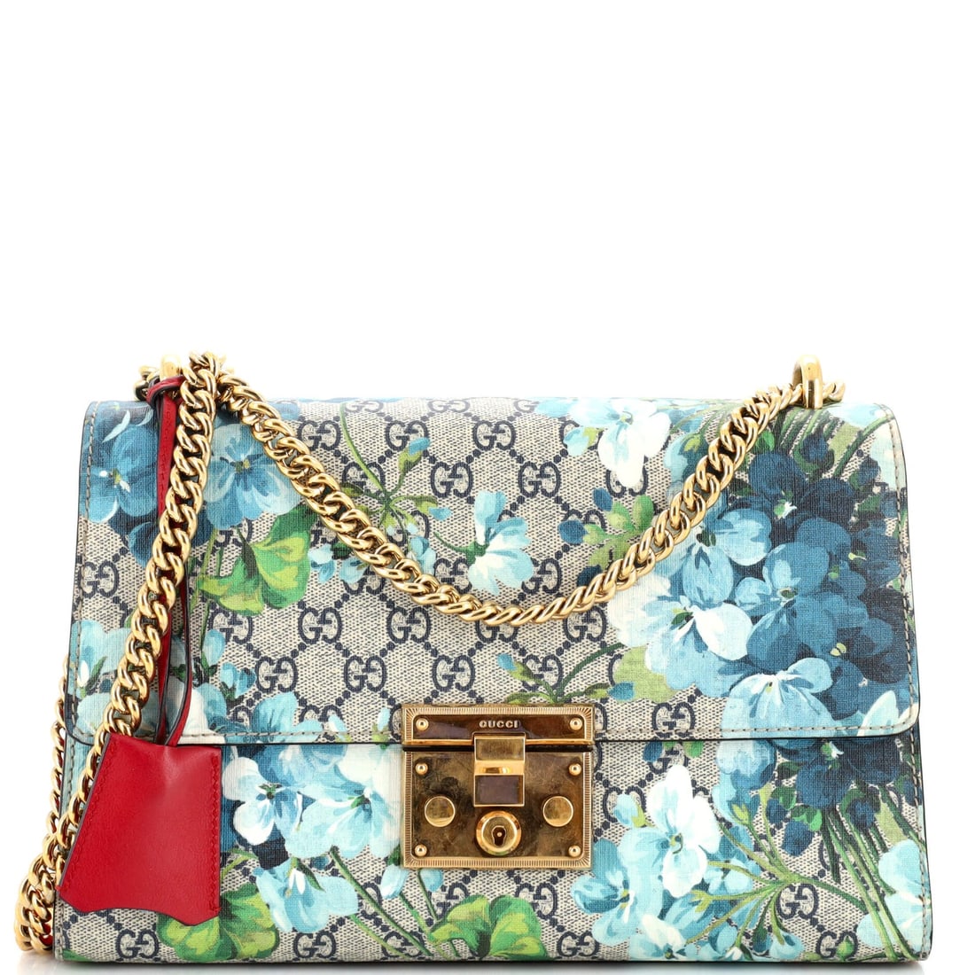Gucci Padlock Shoulder Bag Blooms Print GG Coated Canvas Medium: Gucci Padlock Shoulder Bag Blooms Print GG Coated Canvas Medium Exterior Color: Blue, Print, Red Interior Color: Neutral Exterior Material: Canvas Coated, Leather Interior Material: Microfiber Hardwar