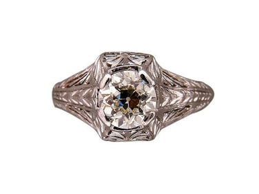 Vintage Platinum Old European Cut Diamond Engraved Filigree Edwardian Art Deco Ring Size 6