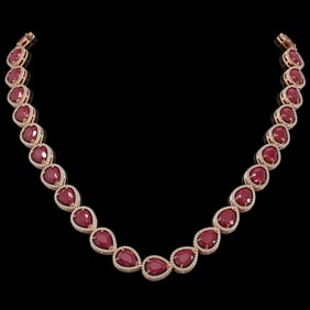 64.01 ctw Ruby & Diamond Micro Pave Halo Necklace 10k Rose Gold