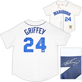 MARINERS KEN GRIFFEY JR AUTOGRAPHED WHITE M&N 89 COOPERSTOWN JERSEY XL BECKETT