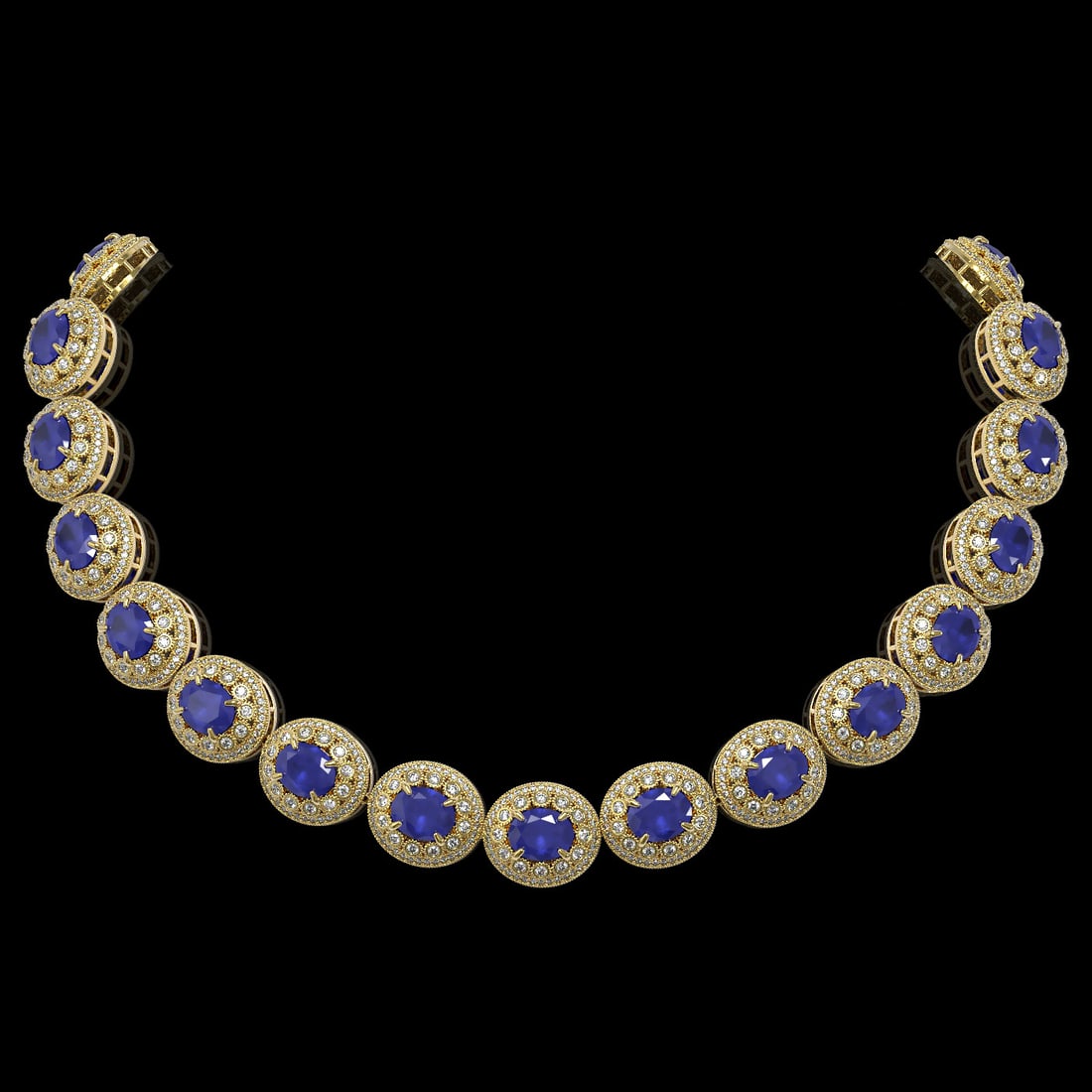 111.75 ctw Sapphire & Diamond Victorian Necklace 14K Yellow Gold: 111.75 ctw Sapphire & Diamond Victorian Necklace 14K Yellow Gold Item: Sapphire NecklaceTotal Gem weight: 111.75 carats Metal: Solid 14K Yellow Gold Gold Product Weight: Approx. 118.6 grams Jewe
