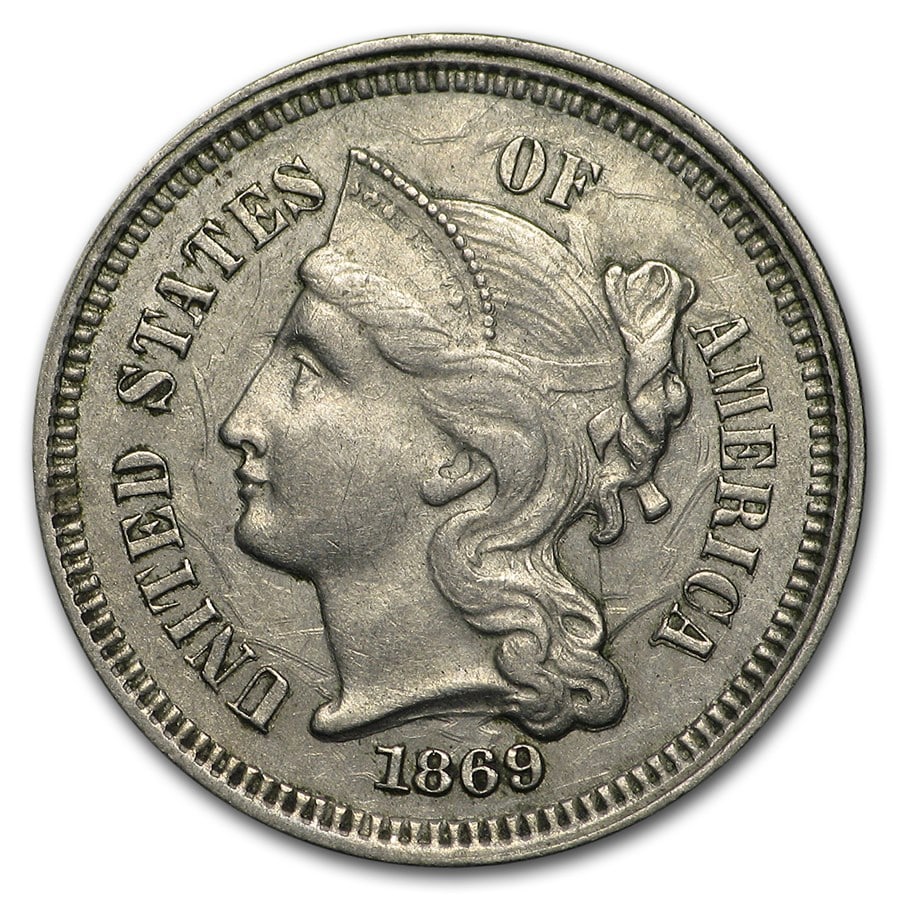1869 3 Cent Nickel XF: 1869 3 Cent Nickel XF SKU no: RBJ 16296 Year: 1869 Grade: Extra Fine Grade Service: None Denomination: 3 Cents Mint Mark: P - Philadelphia (Not Shown) Metal Content: 0 troy oz Pu