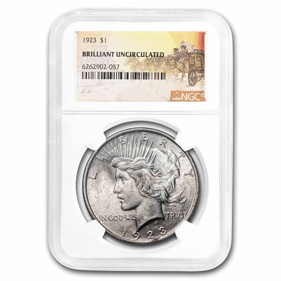 1923 Stage Coach Peace Dollar BU NGC: 1923 Stage Coach Peace Dollar BU NGC SKU no: RBJ 235787 Year: 1923 Grade: Brilliant Unc Grade Service: NGC Denomination: 1 Dollar Mint Mark: P - Philadelphia (Not Shown) Metal Content: 0.