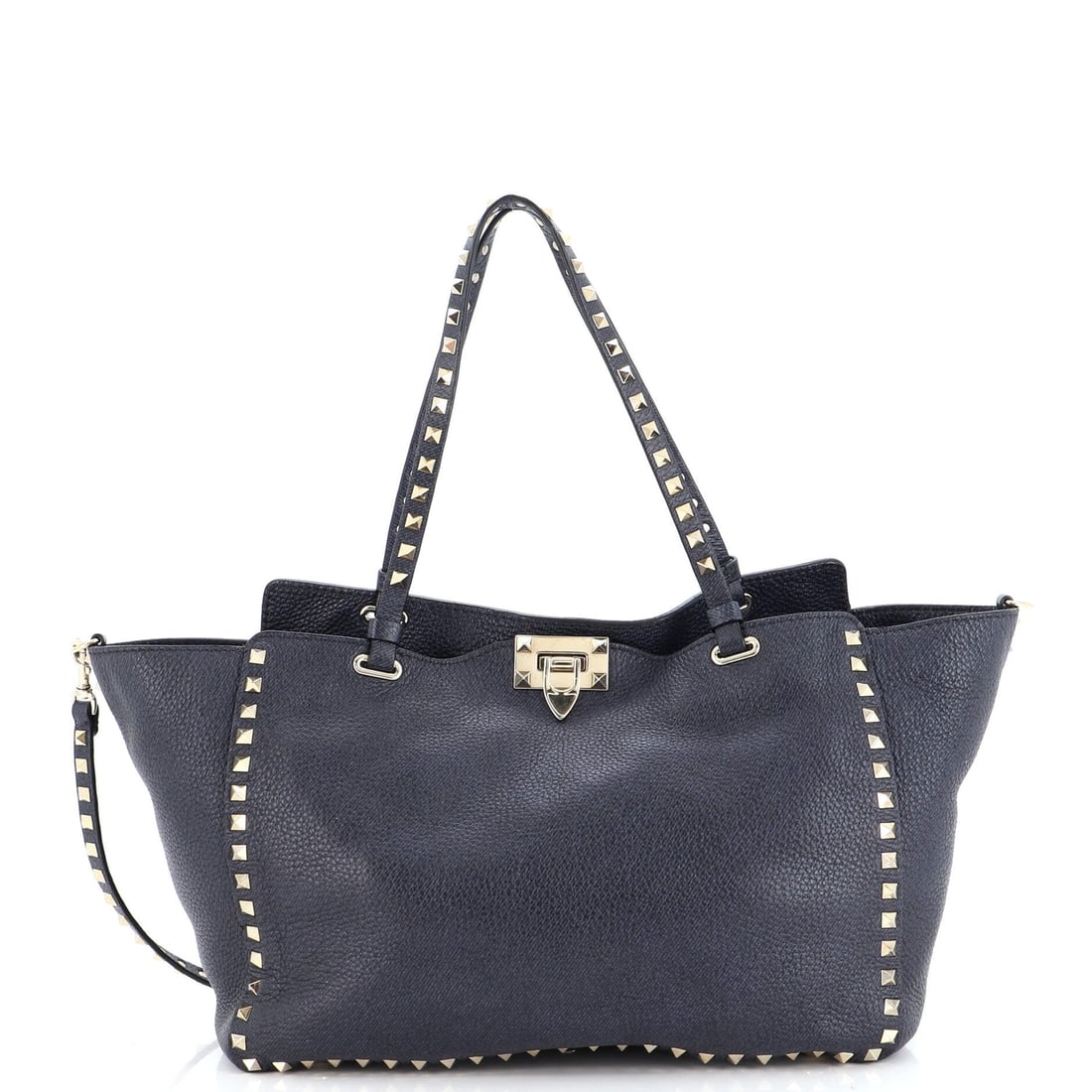Valentino Garavani Rockstud Tote Pebbled Leather Medium: Valentino Garavani Rockstud Tote Pebbled Leather Medium Exterior Color: Blue Interior Color: Blue Exterior Material: Leather Interior Material: Raw Leather Hardware Color: Gold Tone Accessories: N