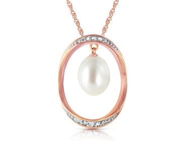14K Solid Rose Gold Necklace With Natural Briolette Cultured Pearl & Diamonds