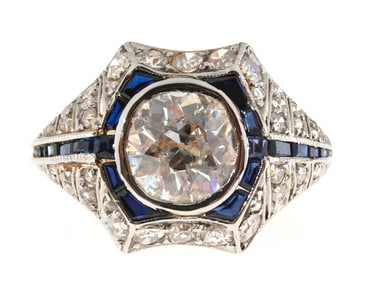 18K Yellow Gold & Platinum 1.95ct Diamond & Sapphire Ring Size 6.25
