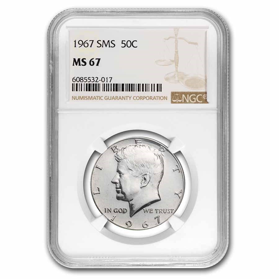 1967 Kennedy Half Dollar SMS MS-67 NGC: 1967 Kennedy Half Dollar SMS MS-67 NGC SKU no: RBJ 229813 Year: 1967 Grade Service: NGC Denomination: 50 Cents Metal Content: 0.1479 troy oz Purity: .400 Thickness: 2.15 mm Diame