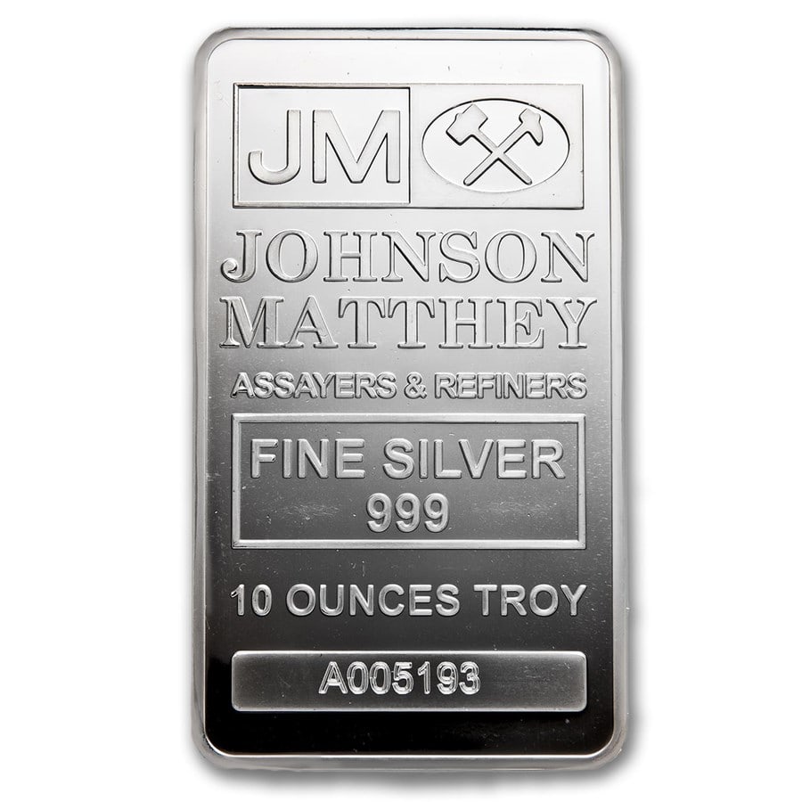 10 oz Silver Bar - Johnson Matthey: 10 oz Silver Bar - Johnson Matthey Product ID: 82900 Year: N/A Grade: None Grade Service: None Denomination: 10 oz Mint Mark: N/A - Not Available Metal Content: 10 troy oz Purity