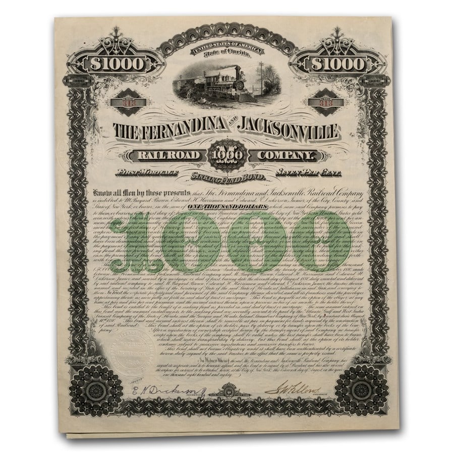 $1,000 Bond - Fernandina & Jacksonville Railroad (E. H. Harriman): $1,000 Bond - Fernandina & Jacksonville Railroad (E. H. Harriman) Product ID: 51539 Year: 1880 Grade: None Grade Service: None Denomination: N/A Mint Mark: N/A - Not Available Metal Conte