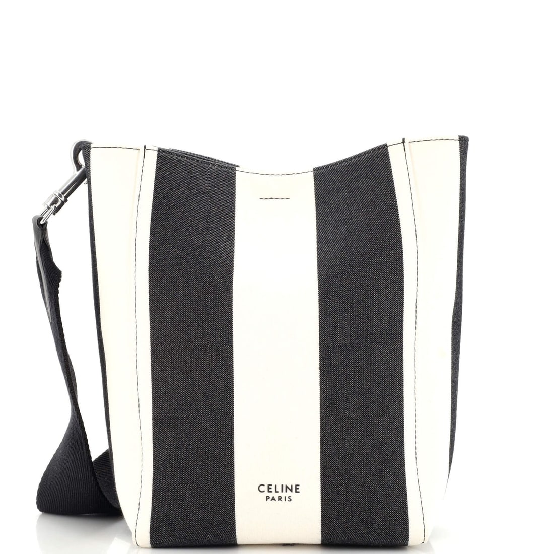 Celine Sangle Seau Bag Canvas Small: Celine Sangle Seau Bag Canvas Small Exterior Color: Black, White Interior Color: Black Exterior Material: Canvas Plain Interior Material: Leather Hardware Color: Aged Silver Accessories: No Access