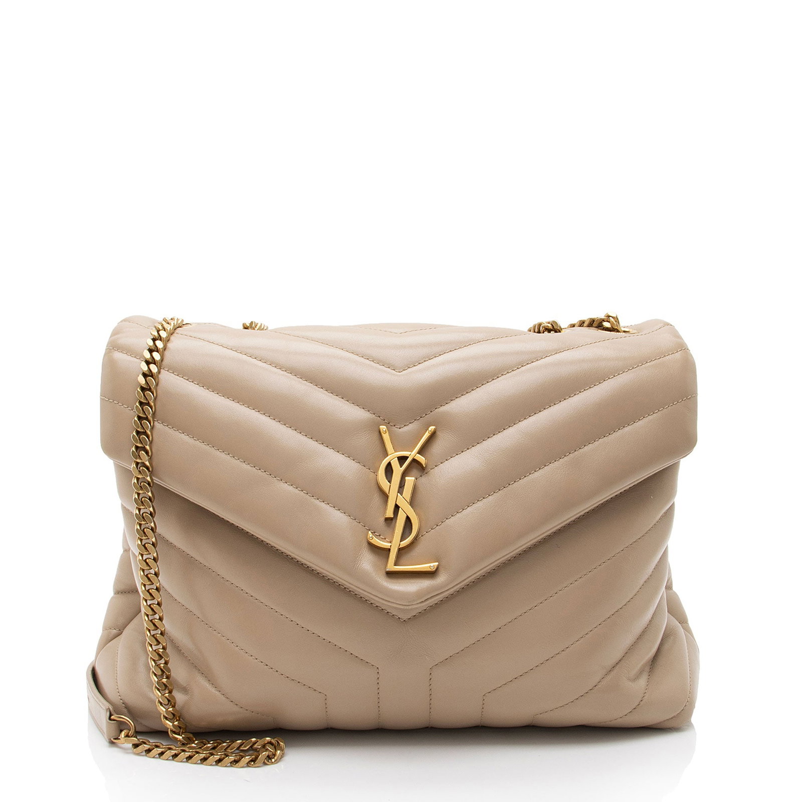 Saint Laurent Matelasse Calfskin Monogram LouLou Chain Medium Shoulder Bag: Saint Laurent Matelasse Calfskin Monogram LouLou Chain Medium Shoulder Bag Condition Quality: Visible scuffs and wear to exterior bottom corners. Light creasing and scuffs throughout exterior. Surface