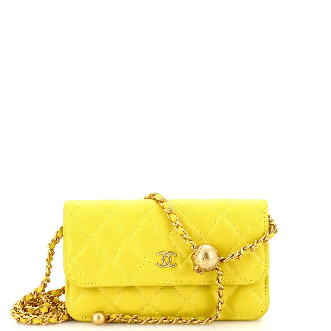 Chanel Pearl Crush Flap Phone Holder with Chain Quilted Lambskin: Chanel Pearl Crush Flap Phone Holder with Chain Quilted Lambskin Exterior Color: Yellow Interior Color: Neutral Exterior Material: Leather Interior Material: Fabric Hardware Color: Aged Gold Acces