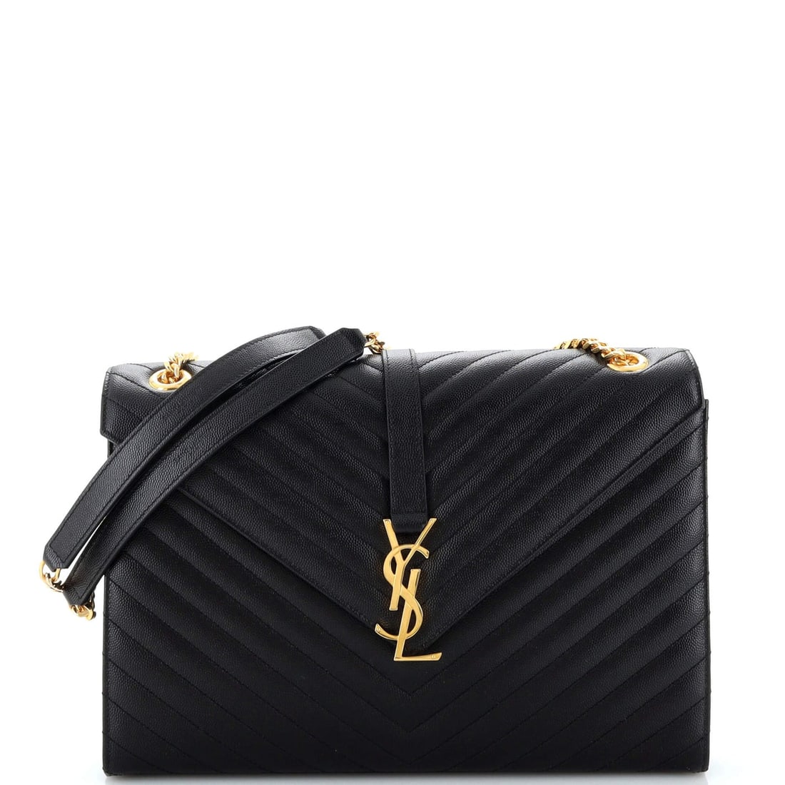 Saint Laurent Classic Monogram Envelope Satchel Matelasse Chevron Leather Large: Saint Laurent Classic Monogram Envelope Satchel Matelasse Chevron Leather Large Exterior Color: Black Interior Color: Black Exterior Material: Leather Interior Material: Fabric Hardware Color: Gold