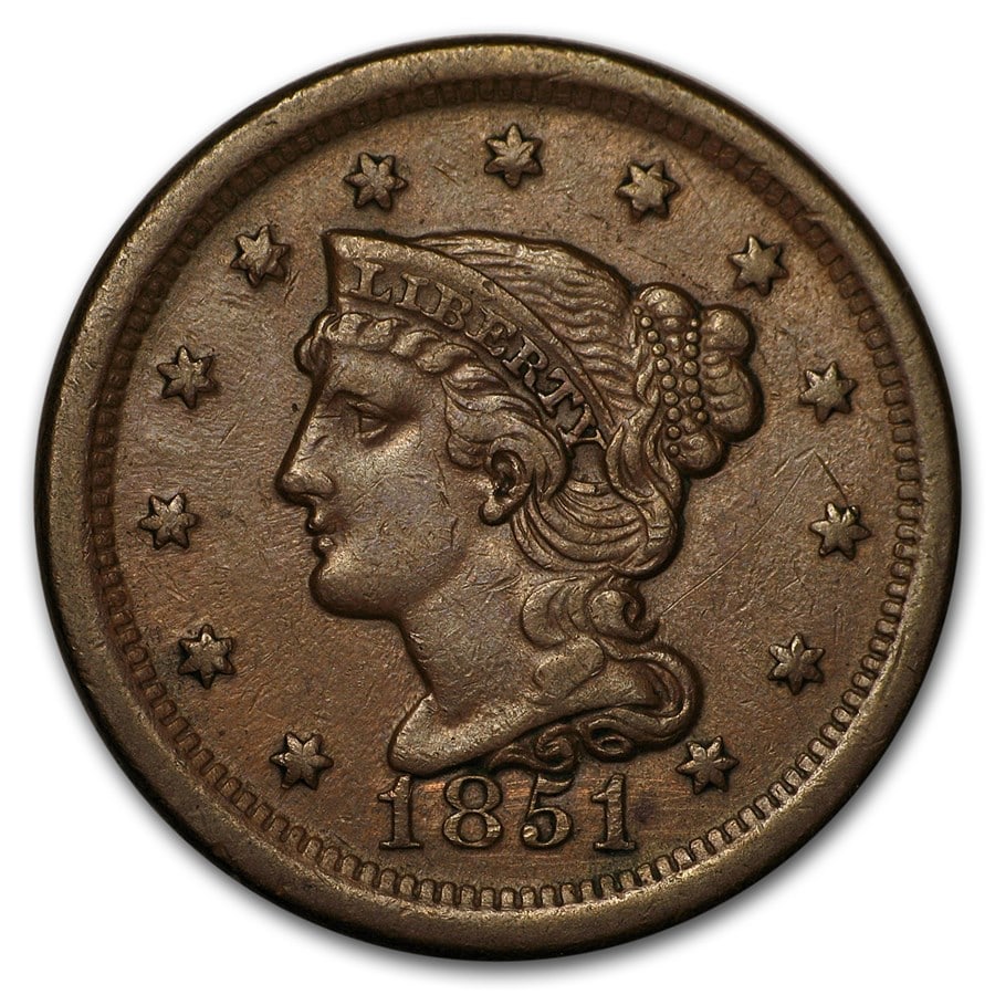 1851 Large Cent AU: 1851 Large Cent AU SKU no: RBJ 33070 Year: 1851 Grade: Almost Unc Grade Service: None Denomination: $0.01 Mint Mark: P - Philadelphia (Not Shown) Metal Content: 0 troy oz Purity: