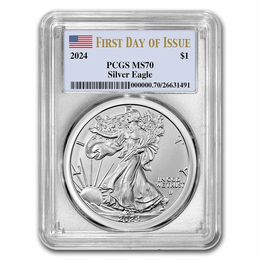 2024 American Silver Eagle MS-70 PCGS (First Day of Issue): 2024 American Silver Eagle MS-70 PCGS (First Day of Issue) SKU no: RBJ 284512 Year: 2024 Grade: MS-70 Grade Service: PCGS Denomination: 1 Dollar Mint Mark: Not Shown Metal Content: 1 troy