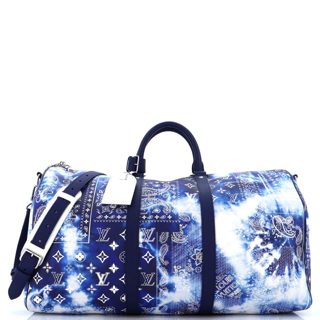 Louis Vuitton Keepall Bandouliere Bag Limited Edition Monogram Bandana Leather 50: Louis Vuitton Keepall Bandouliere Bag Limited Edition Monogram Bandana Leather 50 Exterior Color: Blue, Print Interior Color: Blue Exterior Material: Leather Interior Material: Fabric Hardware Color: 