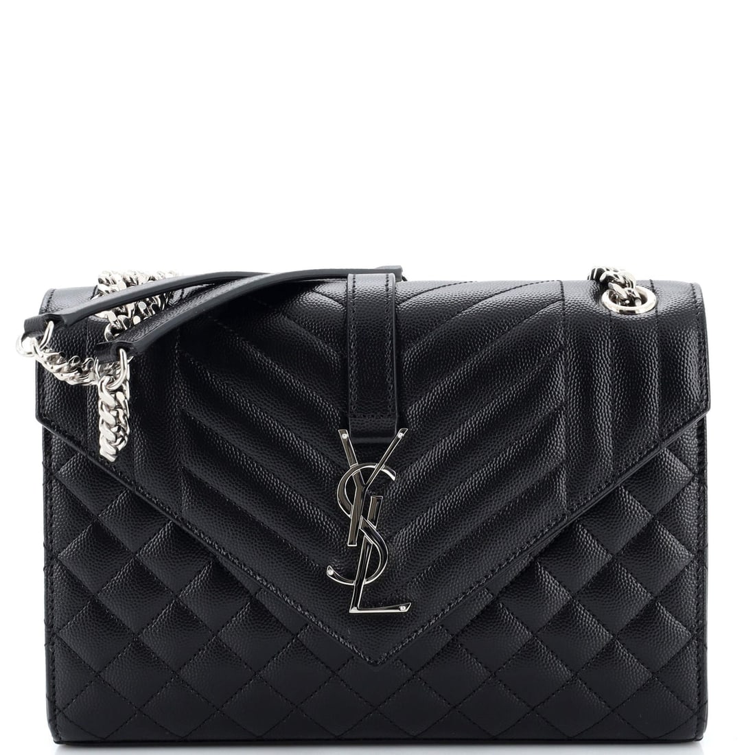 Saint Laurent Classic Monogram Envelope Satchel Mixed Matelasse Leather Medium: Saint Laurent Classic Monogram Envelope Satchel Mixed Matelasse Leather Medium Exterior Color: Black Interior Color: Black Exterior Material: Leather Interior Material: Fabric, Leather Hardware Color: