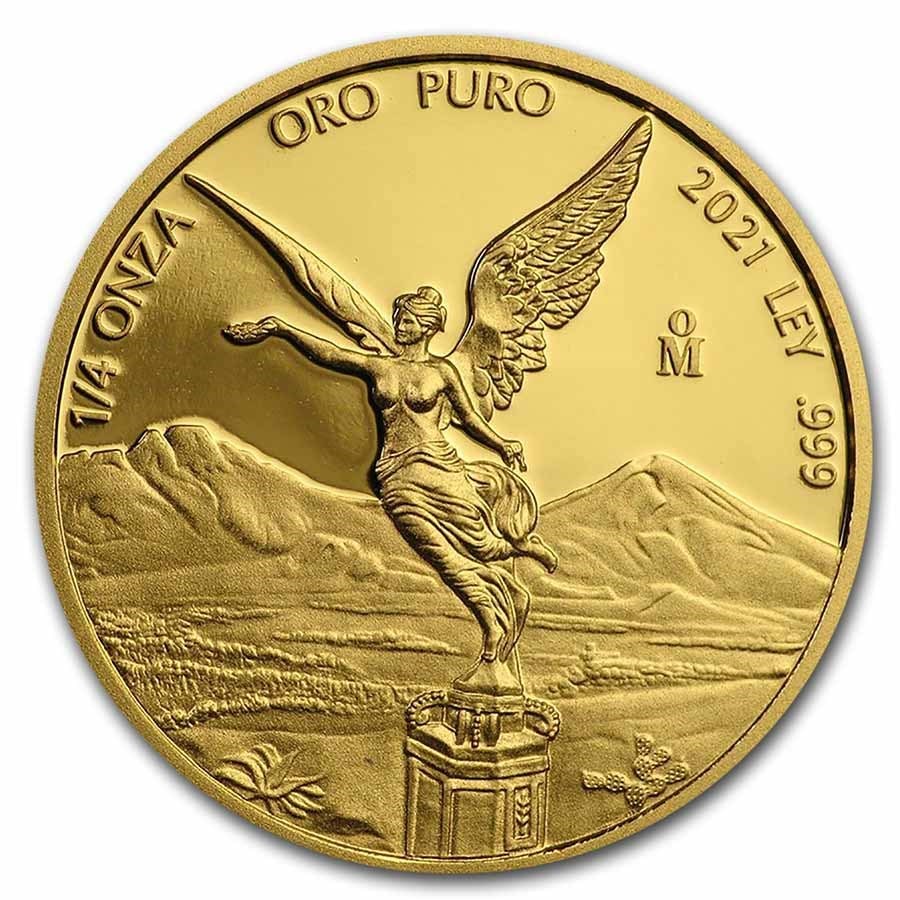 2021 Mexico 1/4 oz Proof Gold Libertad: 2021 Mexico 1/4 oz Proof Gold Libertad SKU no: RBJ 240872 Year: 2021 Grade: Proof Grade Service: None Denomination: 1/4 Onza Mint Mark: Mo - Mexico City Metal Content: 0.25 troy oz