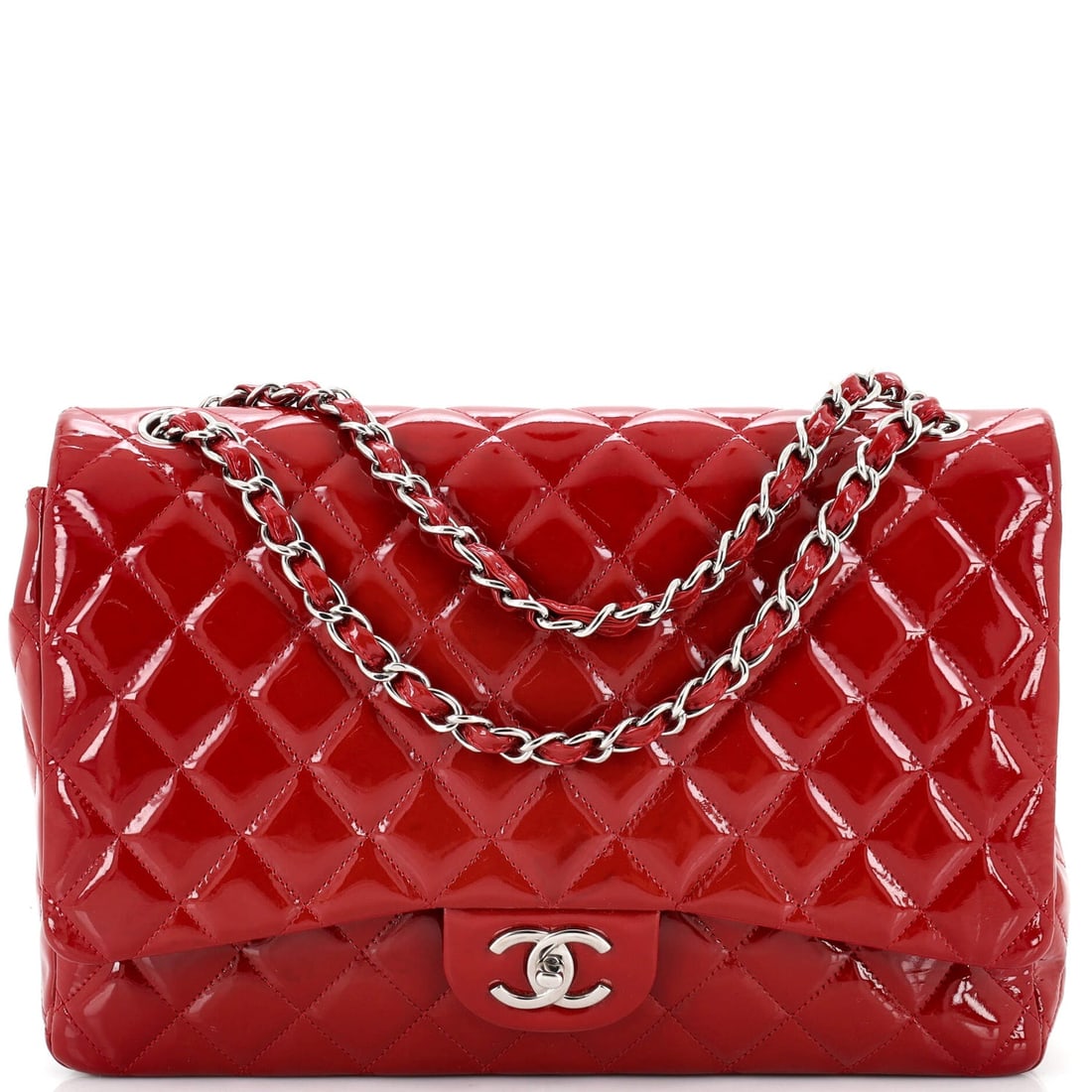 Chanel Classic Double Flap Bag Quilted Patent Maxi: Chanel Classic Double Flap Bag Quilted Patent Maxi Exterior Color: Red Interior Color: Red Exterior Material: Patent Leather Interior Material: Leather Hardware Color: Silver Accessories: Authenti