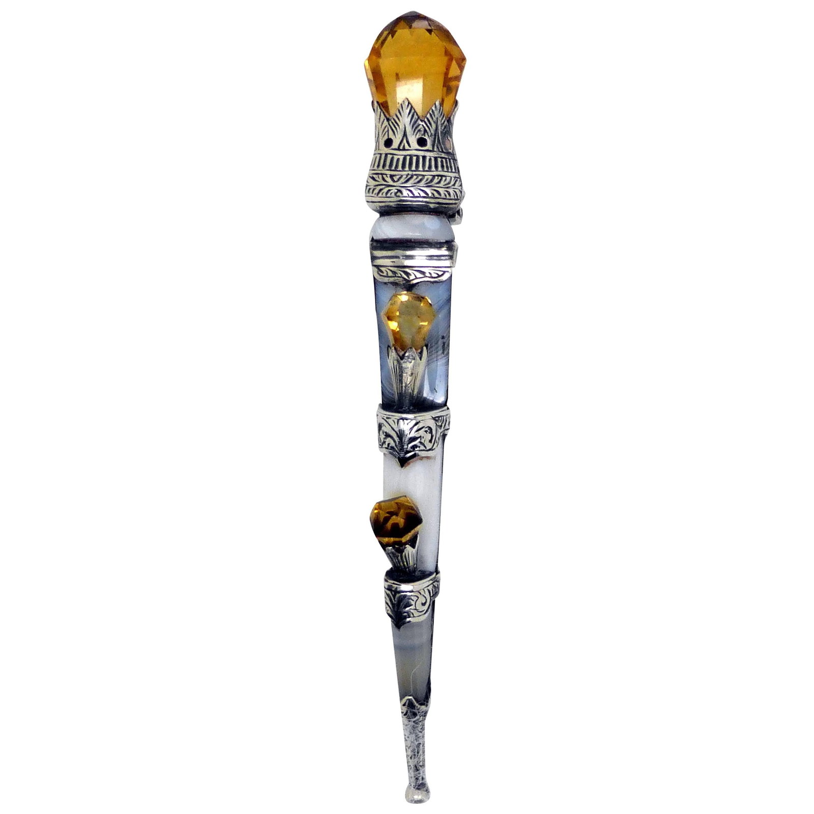 Unusual Large Victorian Sterling Silver-Mounted Scottish Agate "Dirk" Brooch: Unusual Large Victorian Sterling Silver-Mounted Scottish Agate "Dirk" Brooch Metal: Sterling Silver Dimensions: Height: 3.75 in (95.25 mm) Width: 0.24 in (6.1 mm) Style: Victorian Place of Origin: Sco