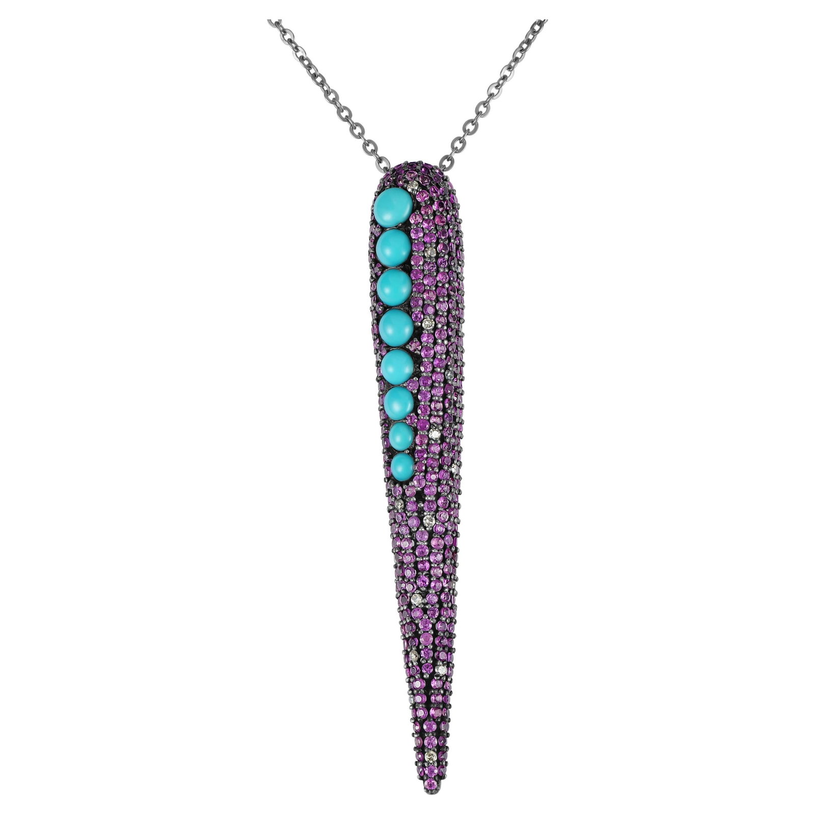 Victorian 2.28 Cttw. Ruby, Turquoise, Topaz and Diamond Pendant Necklace: Victorian 2.28 Cttw. Ruby, Turquoise, Topaz and Diamond Pendant Necklace Metal: 18k Gold, Rhodium, Sterling Silver Stone: Diamond, Ruby, Topaz, Turquoise Stone Cut: Round Cut Weight: 2.28 ct Dimension