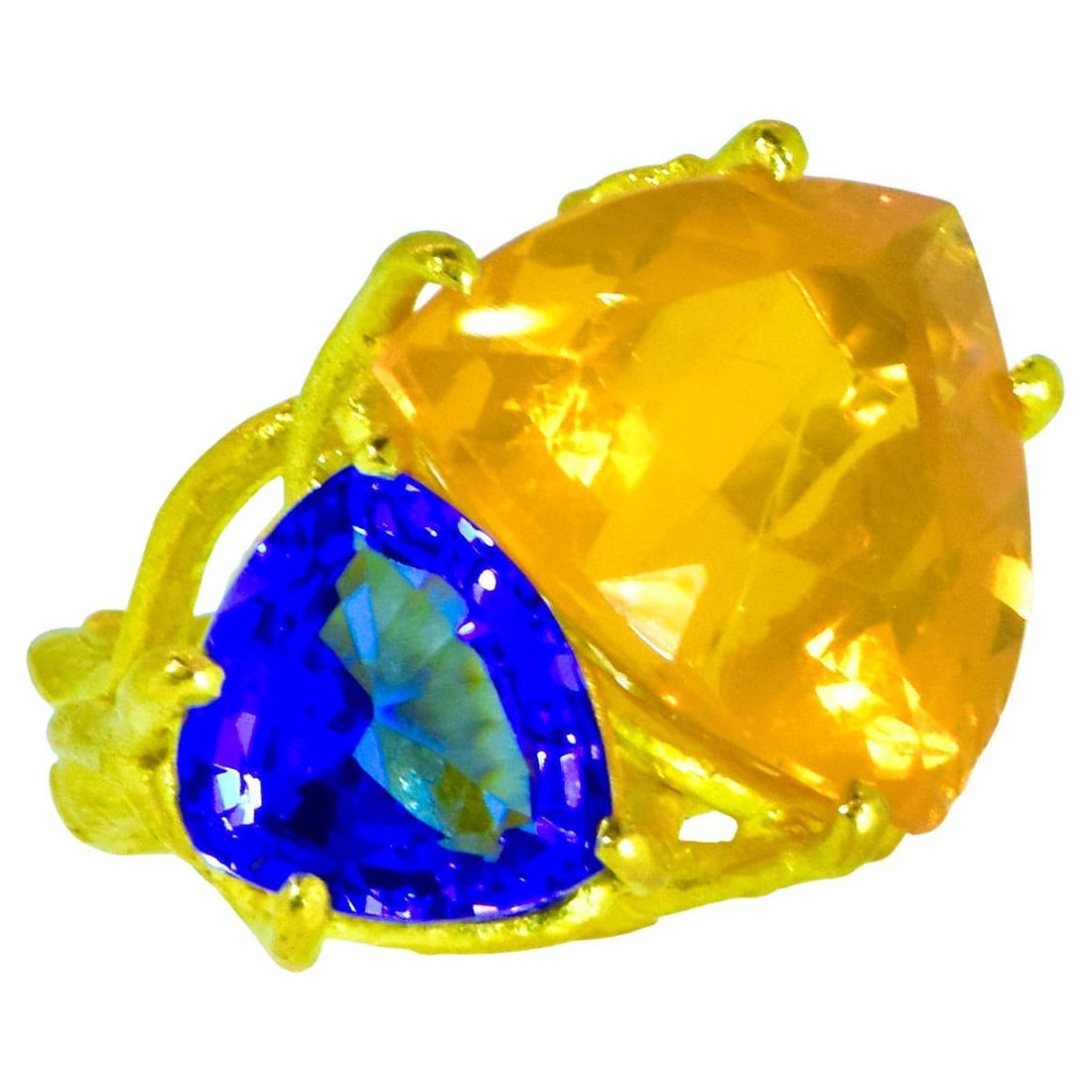 Tanzanite and Opal 18K Yellow Gold Ring, Sam Shaw: Tanzanite and Opal 18K Yellow Gold Ring, Sam Shaw Metal: 18k Gold, Yellow Gold Stone: Opal, Tanzanite Stone Cut: Brilliant Cut Style: Modernist Place of Origin: United States Period: 21st Century
